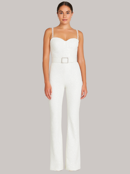 Elizabeth - Women’s Strapless Glitter Jumpsuit with Waist Belt