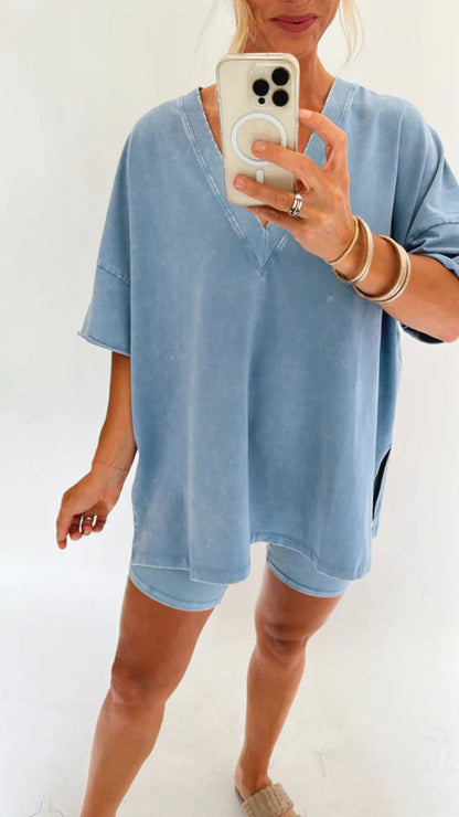 Ariana - Acid Wash Oversized Tee and Biker Shorts Set