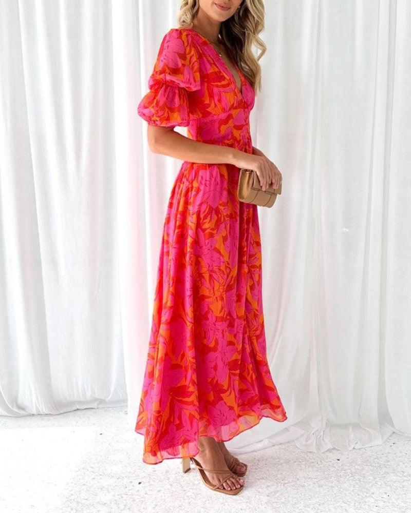 Clara – Elegant V-Neck Puff Sleeve Maxi Dress