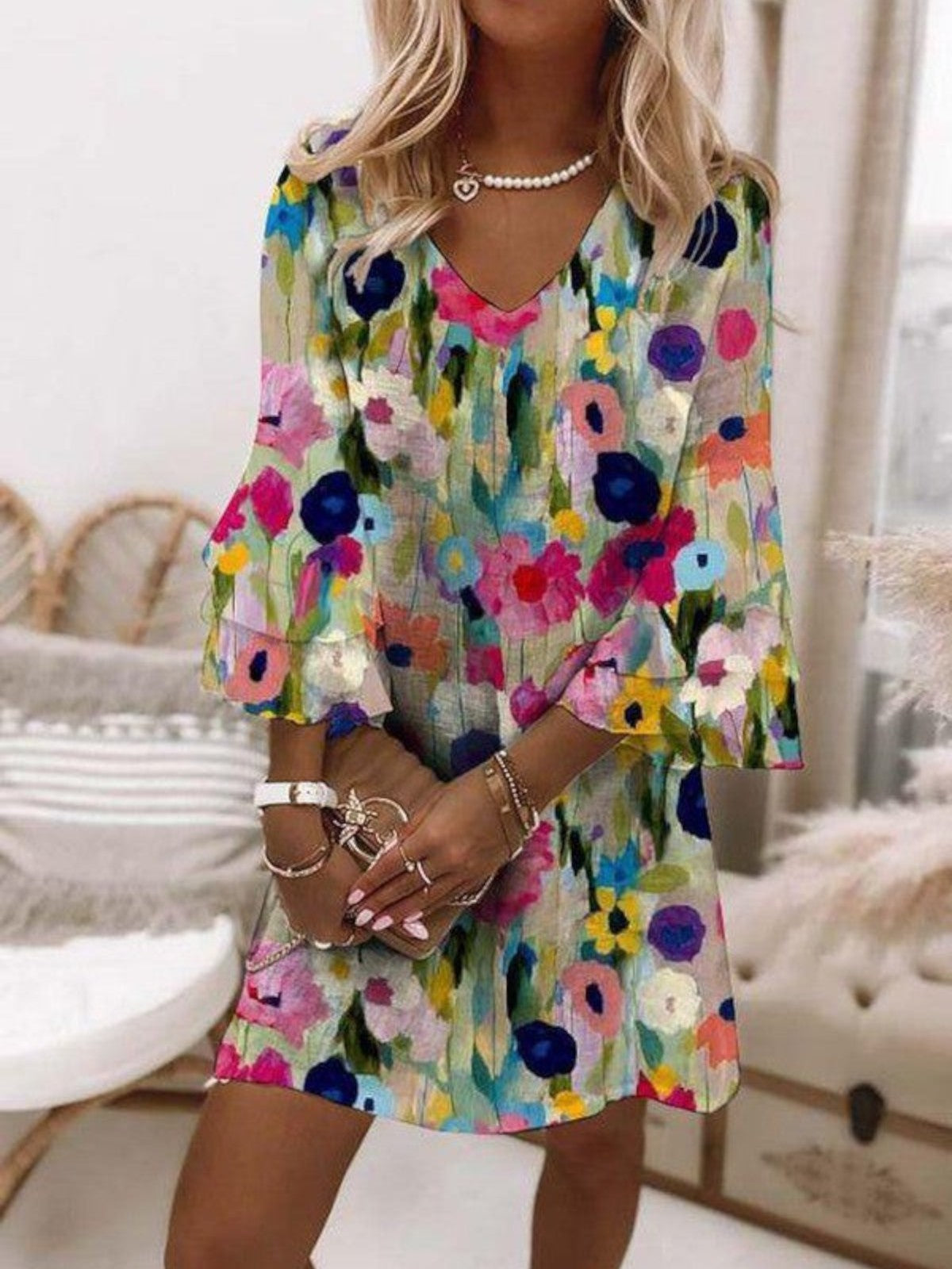 Tabitha - Romantic Floral Print V-Neck Mini Dress