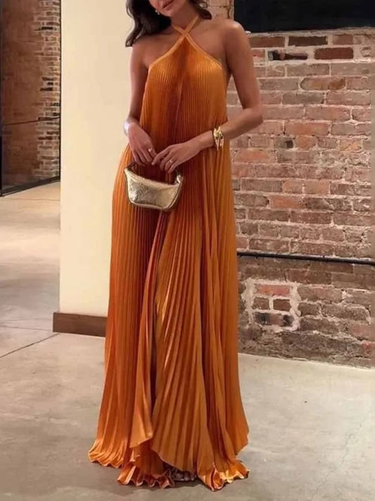 Mira - Chic Pleated Halter Neck Maxi Dress