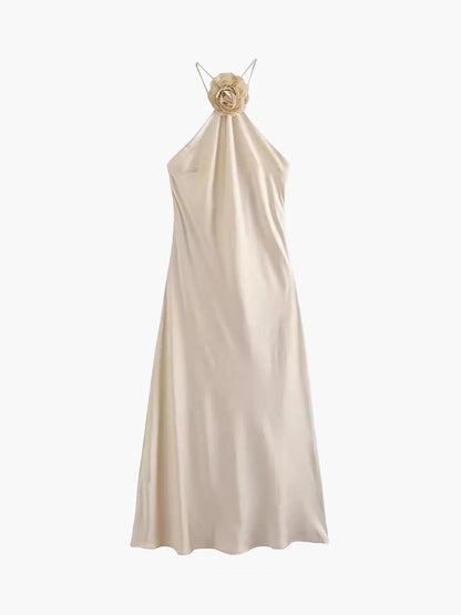 Rosette Satin Halter Midi Dress