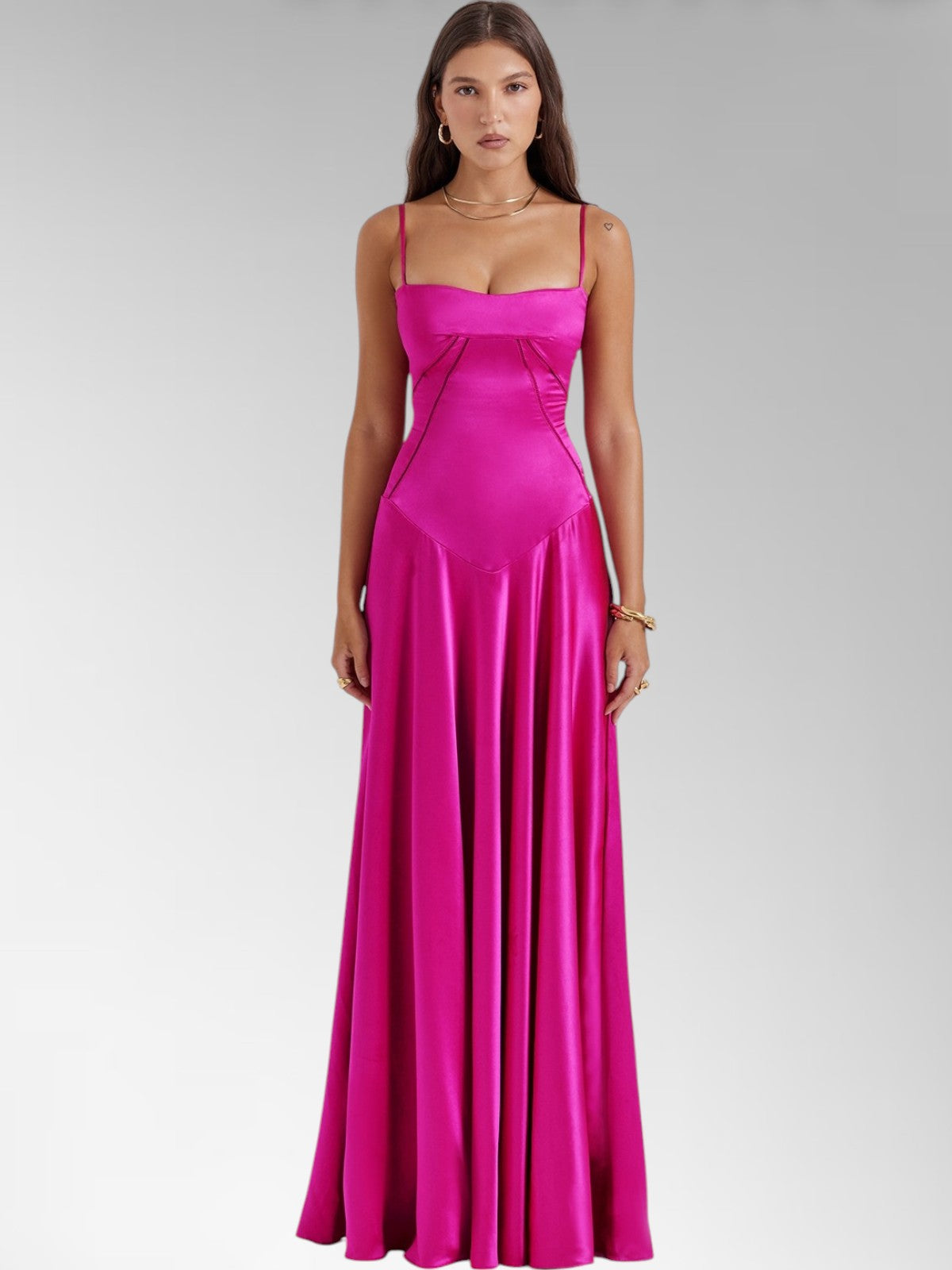 Anabel Pink Satin Lace-Up Evening Gown