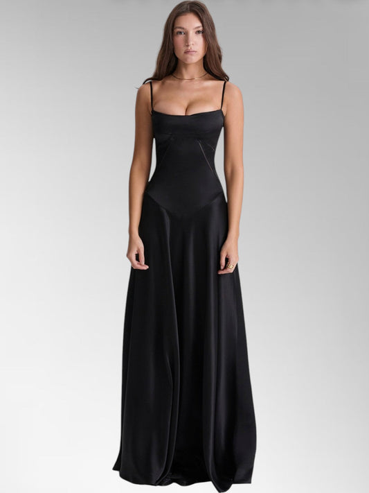 Anabel Black Satin Lace-Up Evening Gown