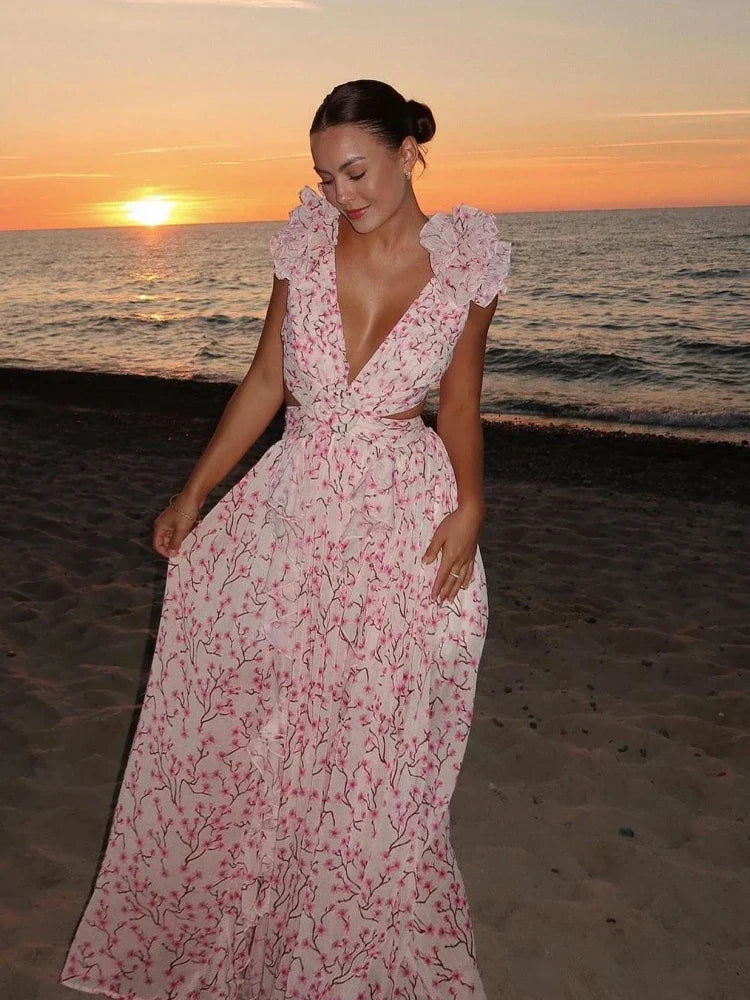 Aurora - Elegant Backless Ruffles Maxi Dress